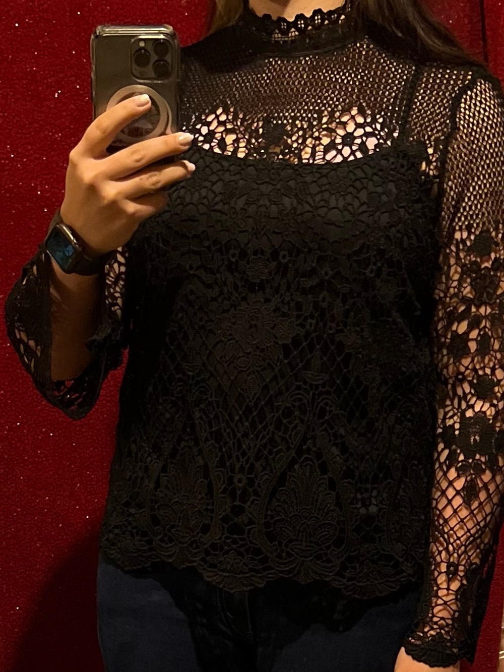 Style & Co. Black Lace Mock Neck Top with Camisole & Full Zip Back - Picture 9 of 10